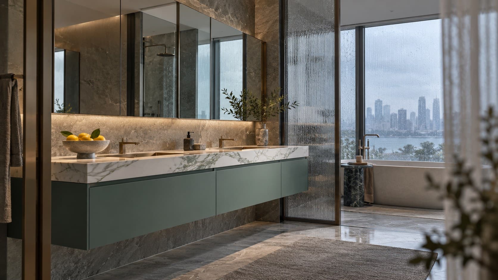 Master bathroom with a floating sea green powder-coated 304 stainless steel vanity, calacatta marble top and a mirror cabinet by a rainy window