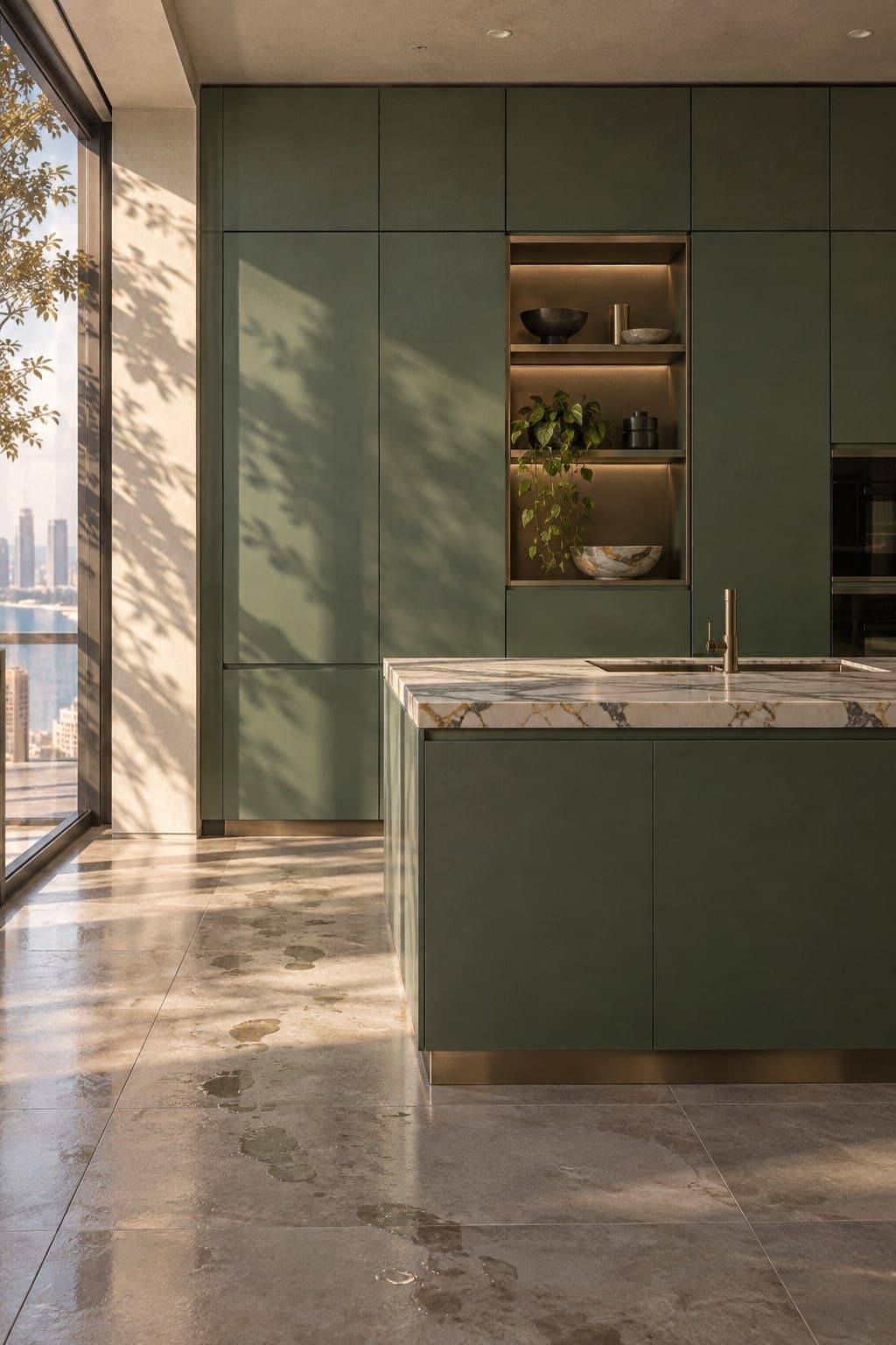 Kitchen in a high-floor apartment with bamboo green powder-coated 304 stainless steel cabinetry, a calacatta marble island and leaf shadows on the wall