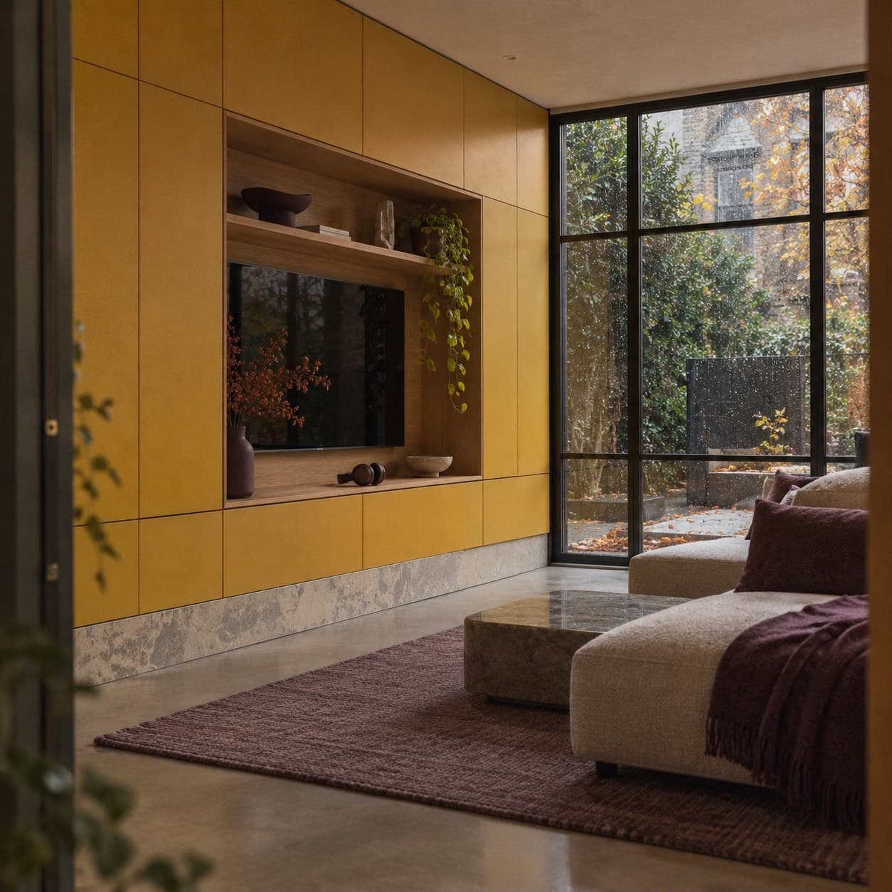 Living room media wall in ochre yellow powder-coated 304 stainless steel with oak shelves and a marble plinth on a rainy day