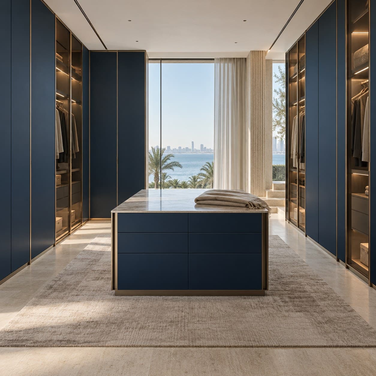 Walk-in dressing room with navy blue powder-coated 304 stainless steel wardrobes, bronze-tint glass doors and a sea view