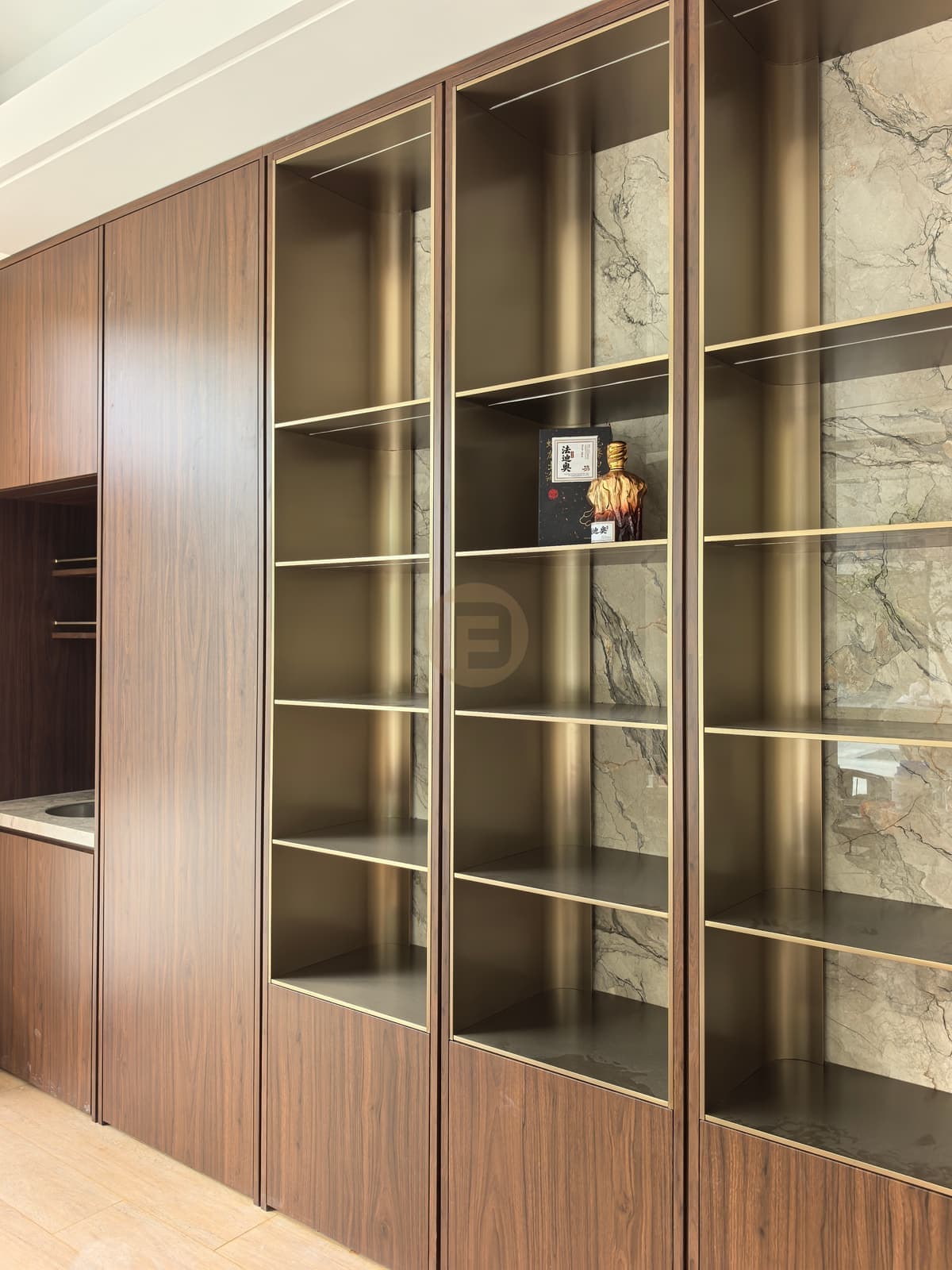 Wood-look glass display wall photographed with lights off