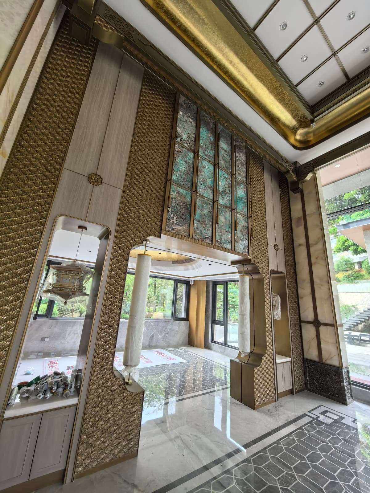 Decorative entry cabinets photographed with floor coverings in place